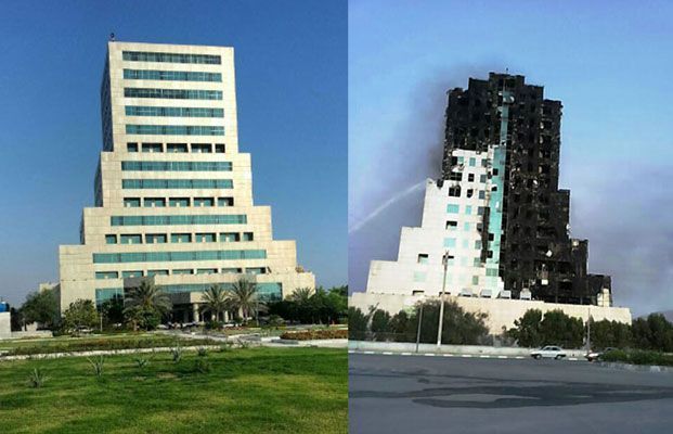 ساختمان منطقه انرژی پارس پیش و پس از آتش سوزی