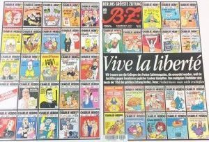 روزنامه عامیانه BZ که با شعار «زنده باد آزادی» روز پنج شنبه 8 ژانویه دو صفحه اول و آخر خود را با کاریکاتورهای «شارلی اِبدو» منتشر کرد