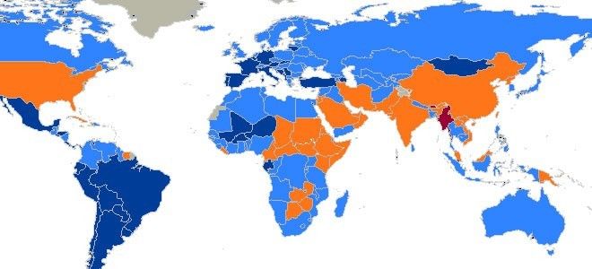 سرمه‌ای: کشورهای عضو معاهده،  آبی: کشورهای امضا کننده،  نارنجی: کشورهای بدون اقدام