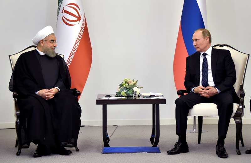 پوتین وروحانی ۸ اوت ۲۰۱۶ در نشست سران روسیه و ایران و جمهوری آذربایجان Reuters©